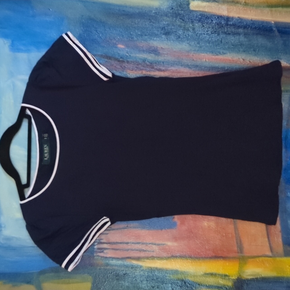 Lauren Ralph Lauren Navy Blue ribbed top with White Trim layered cap sleeves SP